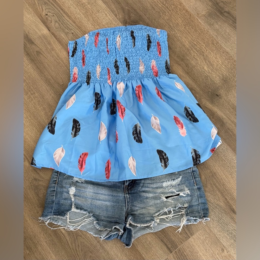 Women’s Blue Feather Print Tube Top - Picture 1 of 5